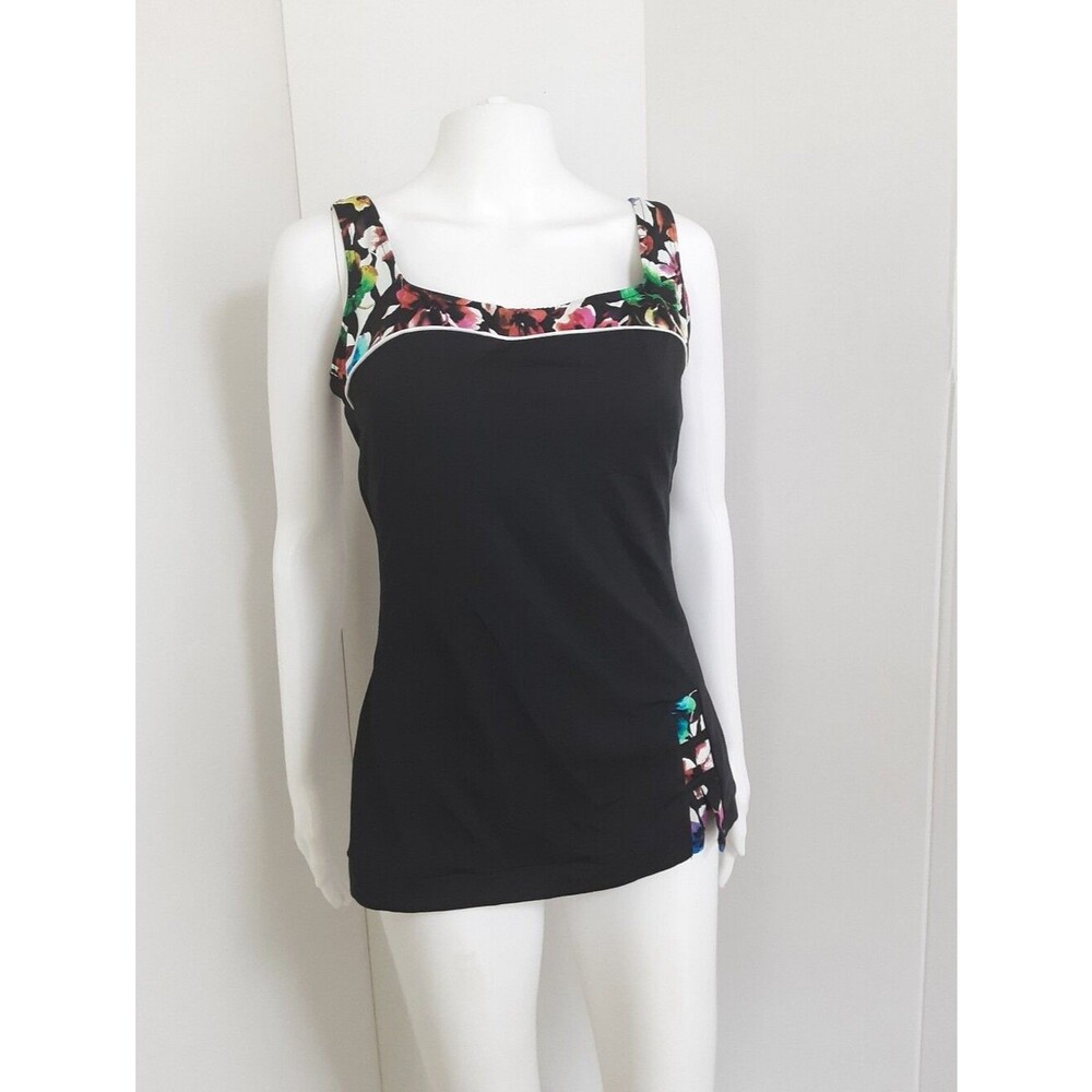 FIT 4 YOU Tummy Control Black Floral-Trim Swimdress Sz 14